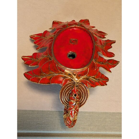 Vintage Leaf-Shape Red & Gold Cloisonne Candle Holder 5.5" Ornate Handcrafted - Picture 8 of 8